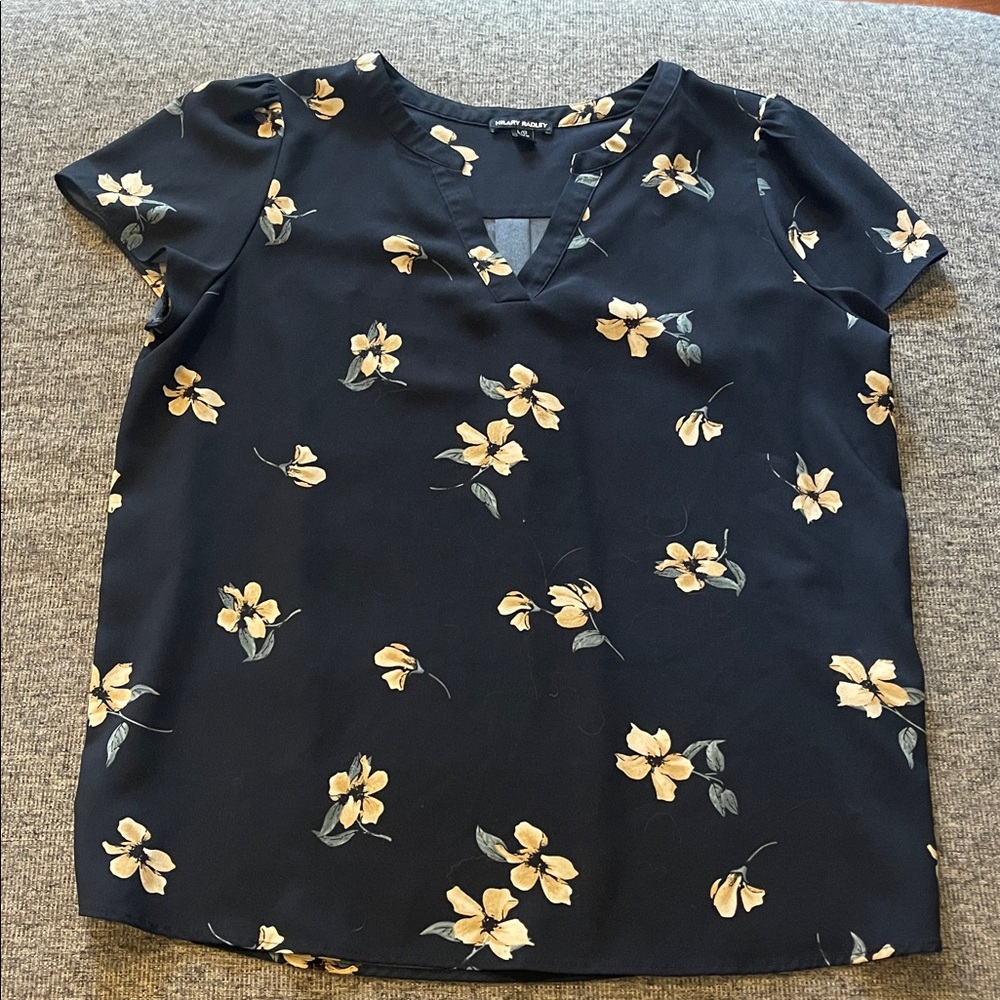Hilary Radley Navy blue  Blouse with Yellow Floral Design